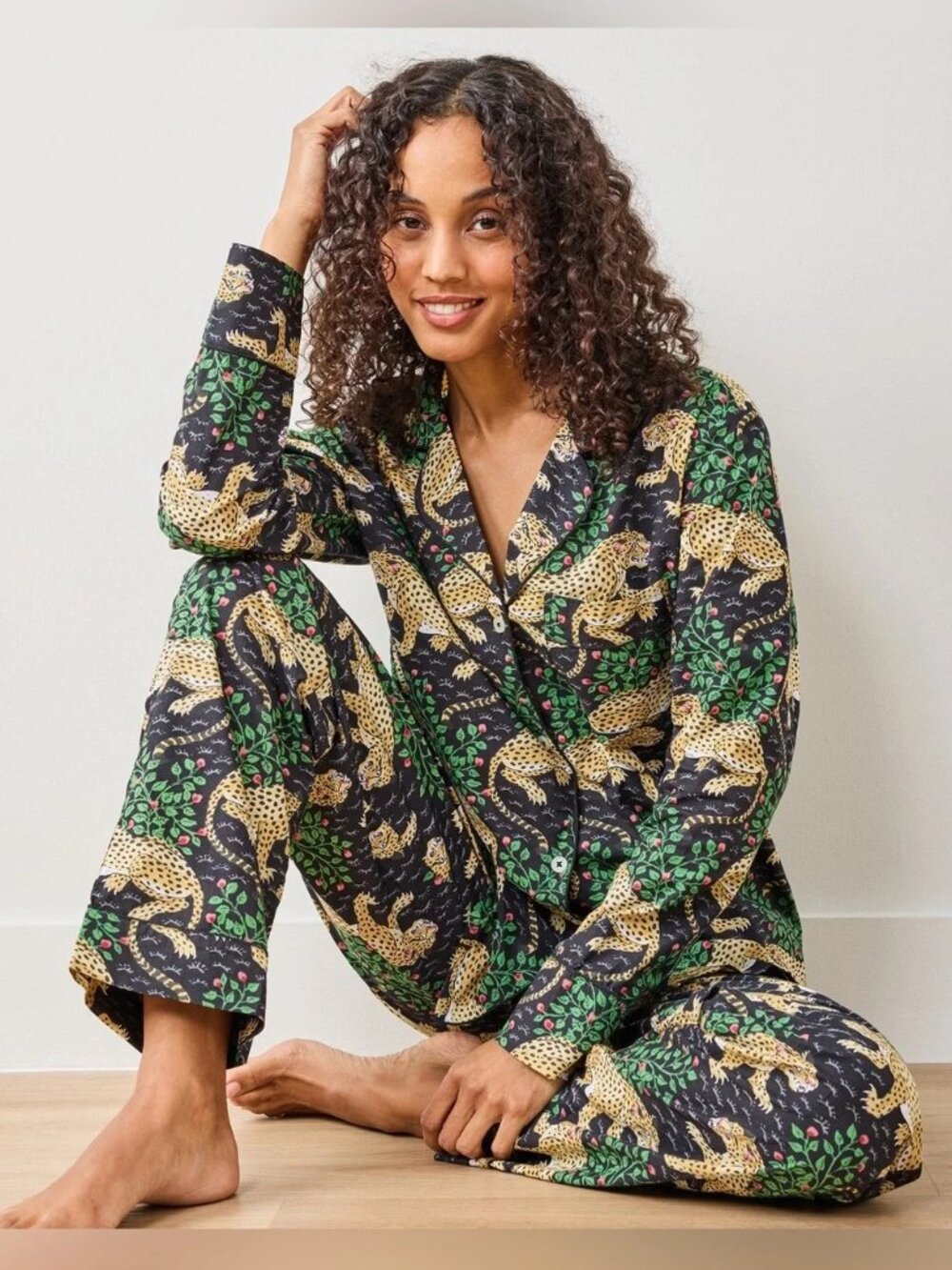 Printfresh Bagheera Long Sleeve Pajama Set Medium Ink Black Color Button Front M